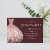 Quinceanera Blush Roze - Roos Goud Bourgogne Kaart (Staand voorkant)