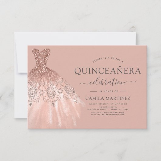 Quinceanera Blush Roze - Roos Gouden Glitter Spark Kaart (Voorkant)