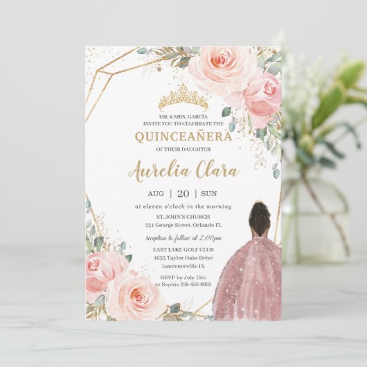 Quinceañera Blush Roze Rose Bloemen Bruin Prinses Kaart (Staand voorkant)