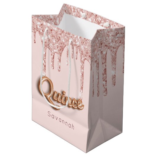 Quinceanera blush roze rose goud druppels medium cadeauzakje (Voorkant Gekanteld)