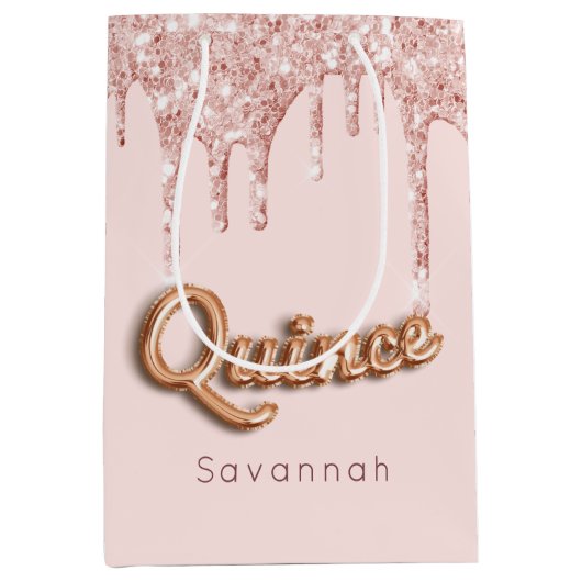 Quinceanera blush roze rose goud druppels medium cadeauzakje (Voorkant)