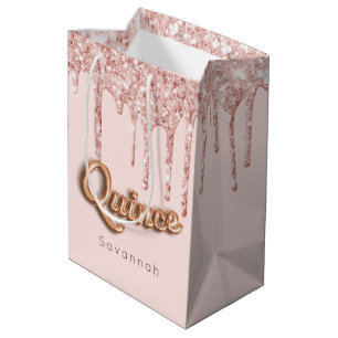 Quinceanera blush roze rose goud druppels medium cadeauzakje