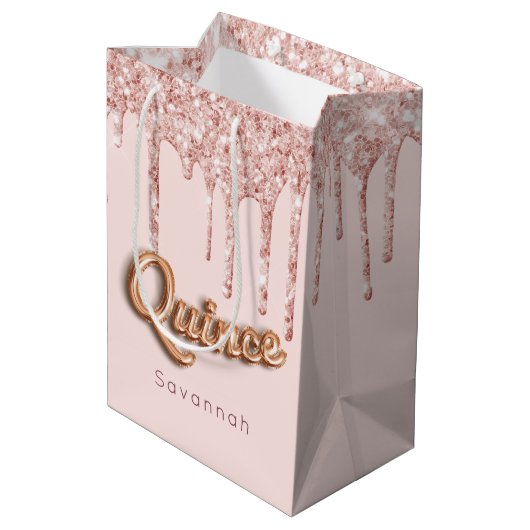 Quinceanera blush roze rose goud druppels medium cadeauzakje (Achterkant Gekanteld)