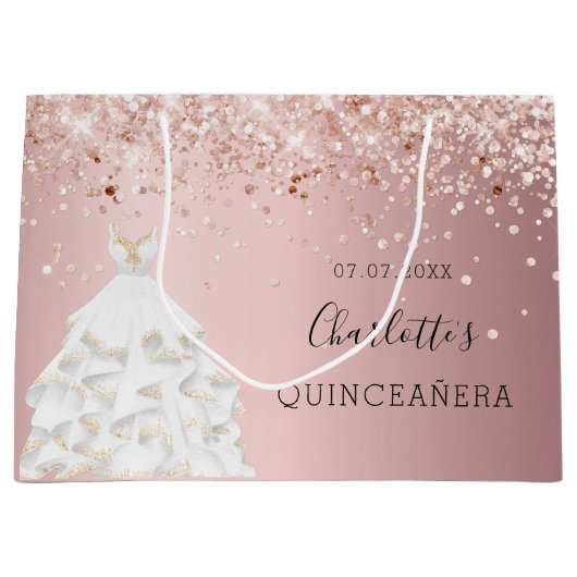 Quinceanera blush roze rose gouden jurk groot cadeauzakje (Voorkant)