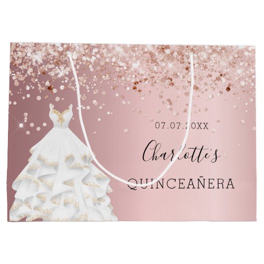Quinceanera blush roze rose gouden jurk groot cadeauzakje (Achterkant)