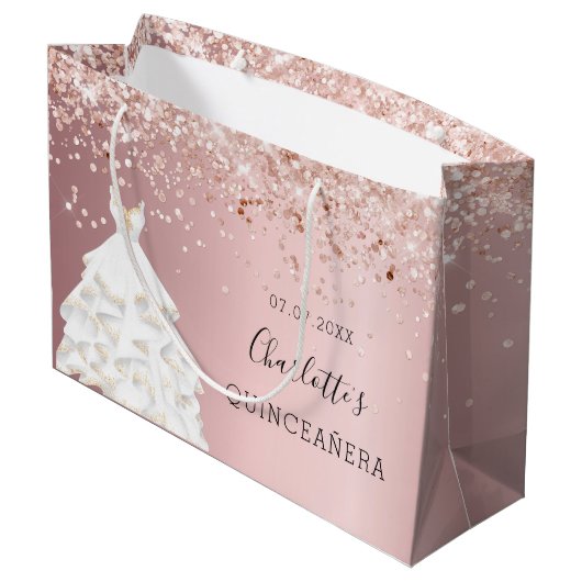 Quinceanera blush roze rose gouden jurk groot cadeauzakje (Achterkant Gekanteld)