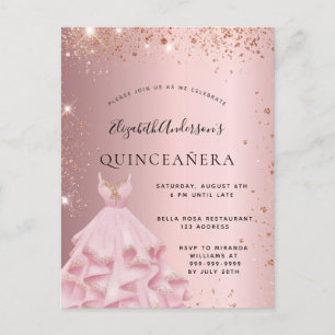 Quinceanera blush roze rose gouden jurk uitnodiging briefkaart