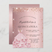 Quinceanera blush roze rose gouden jurk uitnodiging briefkaart (Voorkant / Achterkant)