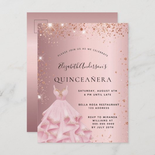 Quinceanera blush roze rose gouden jurk uitnodiging briefkaart (Voorkant / Achterkant)