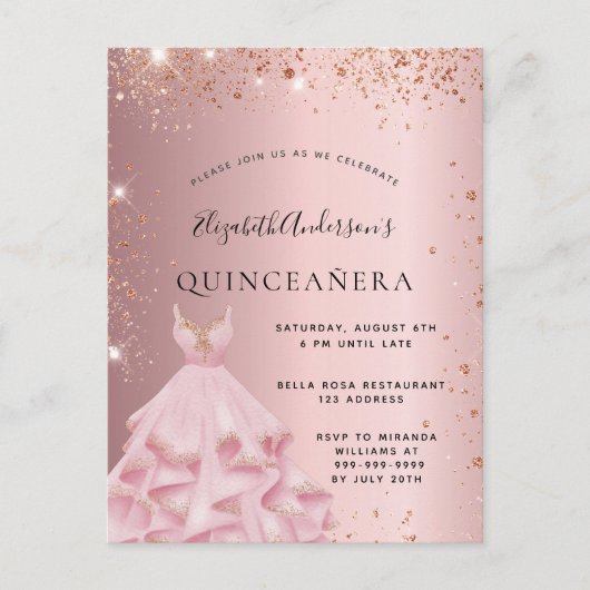 Quinceanera blush roze rose gouden jurk uitnodiging briefkaart (Voorkant)