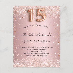 Quinceanera blush roze roze roos goud glitsstof uitnodiging briefkaart