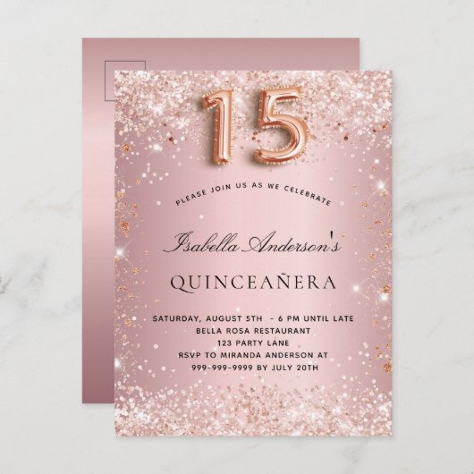 Quinceanera blush roze roze roos goud glitsstof uitnodiging briefkaart (Voorkant / Achterkant)
