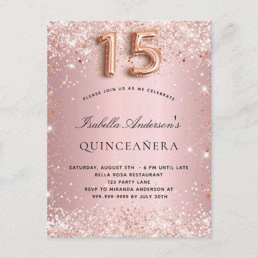 Quinceanera blush roze roze roos goud glitsstof uitnodiging briefkaart (Voorkant)