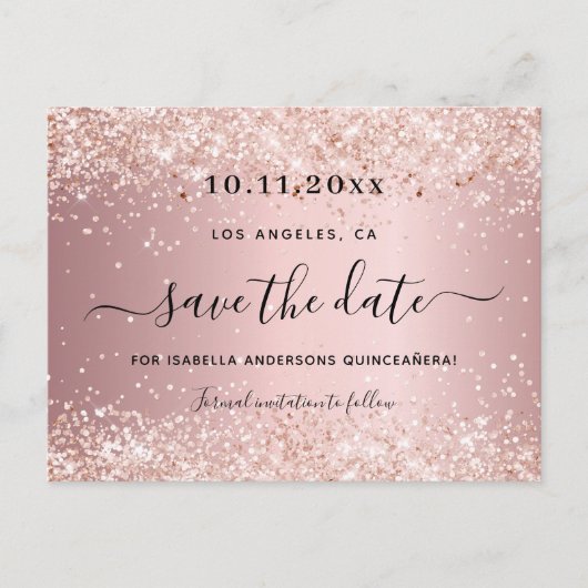 Quinceañera blush roze sparkles save the date aankondigingskaart (Voorkant)
