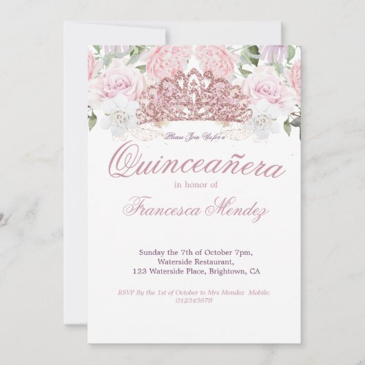 Quinceanera Blush Roze Tiara Bloemen Kaart (Voorkant)