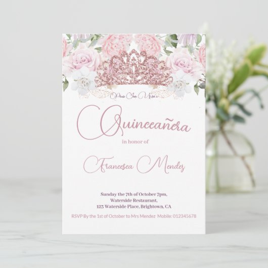 Quinceanera Blush Roze Waterverf Bloemen Kaart (Staand voorkant)