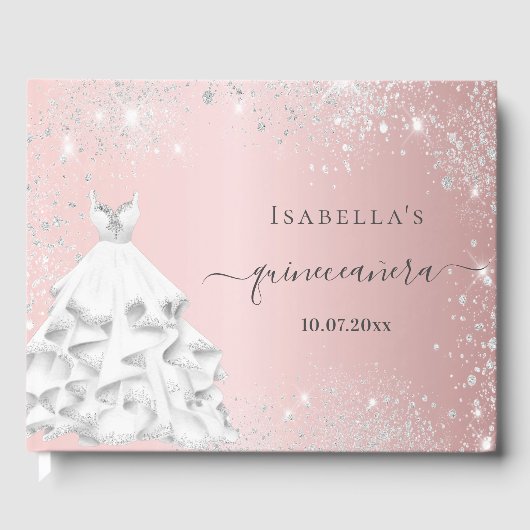 Quinceanera blush roze witte jurk glitter gastenboek (Voorkant)