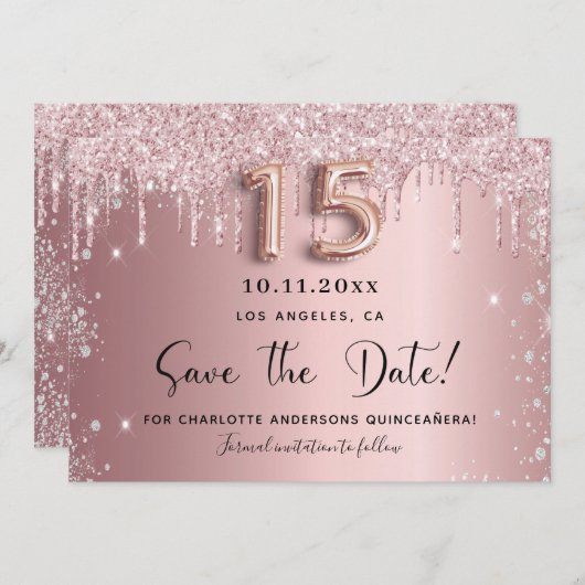 Quinceanera blush roze zilver, behalve de datum save the date (Voorkant / Achterkant)