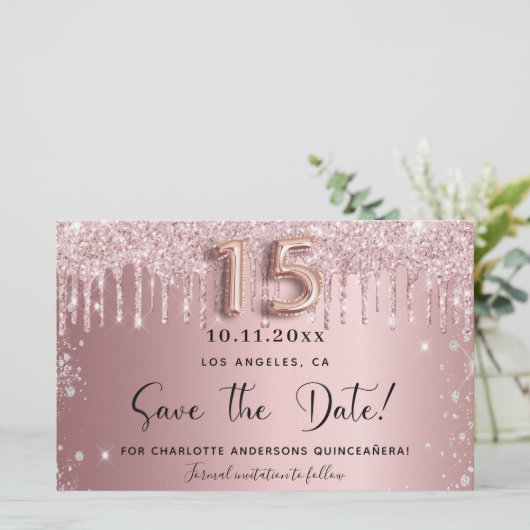 Quinceanera blush roze zilver Bewaar de datumkaart (Staand voorkant)