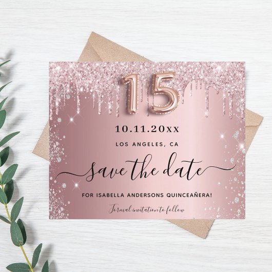 Quinceanera blush roze zilver save the date kaart