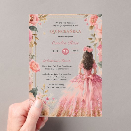 Quinceañera Blush Roze Zilveren Rozen Jurk Quince Acryl Uitnodigingen (Insitu (Draagbaar))