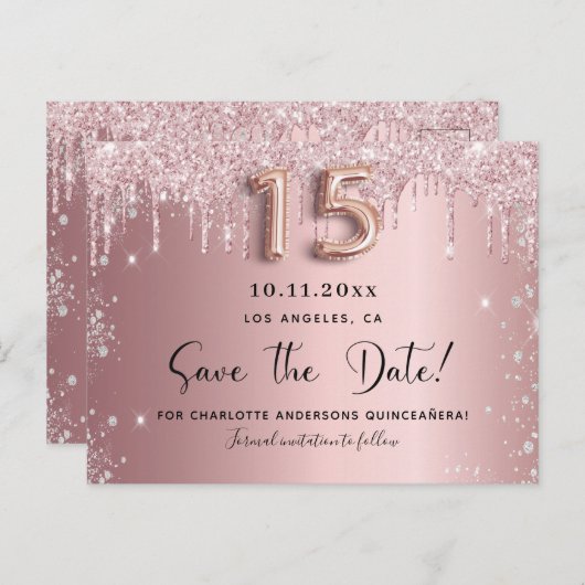 Quinceanera blush roze zilveren stof opslagkaartje aankondigingskaart (Voorkant / Achterkant)