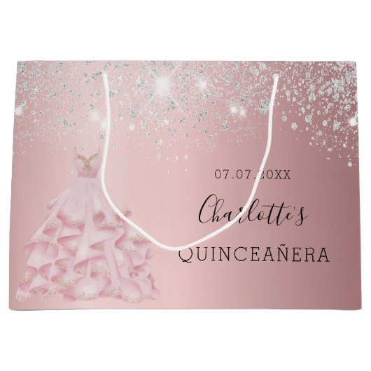 Quinceanera blush roze zilverglitter jurk glazuur groot cadeauzakje (Voorkant)