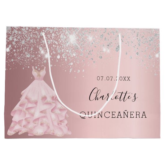 Quinceanera blush roze zilverglitter jurk glazuur groot cadeauzakje (Achterkant)