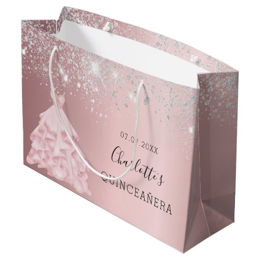 Quinceanera blush roze zilverglitter jurk glazuur groot cadeauzakje (Achterkant Gekanteld)