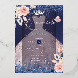 Quinceanera Blush Rozen Silver Foil Crown Navy Folie Uitnodiging