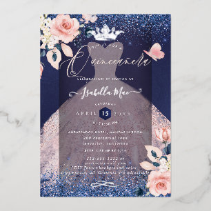 Quinceanera Blush Rozen Silver Foil Crown Navy Folie Uitnodiging