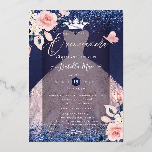 Quinceanera Blush Rozen Silver Foil Crown Navy Folie Uitnodiging (Voorkant)