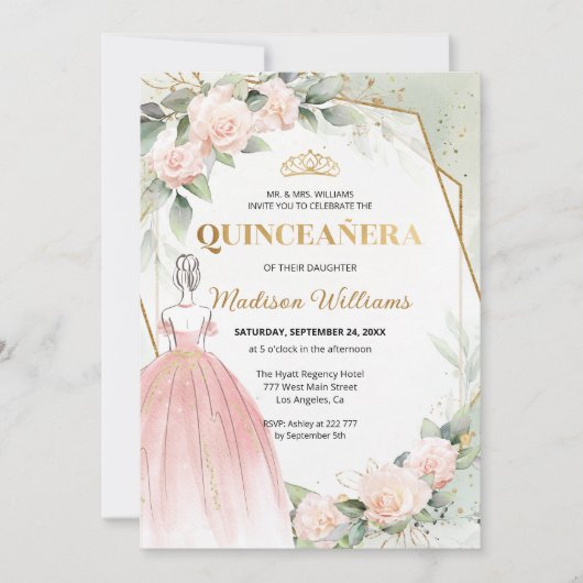 Quinceañera Blush Rozen Verjaardag Kaart (Voorkant)
