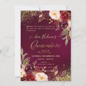 Quinceañera, Blush Waterverf Flowers DIY Bourgogne Kaart (Voorkant)