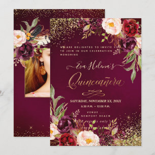 Quinceañera, Blush Waterverf Flowers DIY Bourgogne Kaart
