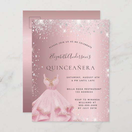 Quinceanera blush zilveren glitter uitnodiging briefkaart (Voorkant / Achterkant)