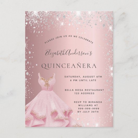 Quinceanera blush zilveren glitter uitnodiging briefkaart (Voorkant)