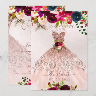 Quinceañera, Boho Bloemrijke Glans Jurk Roze Goud Kaart