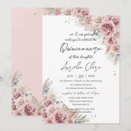 Quinceañera Boho Blush Dusty Roos Floral Pampas Kaart (Voorkant / Achterkant)