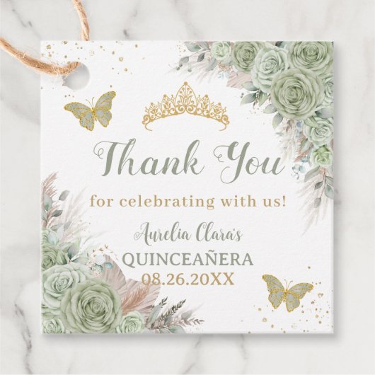 Quinceañera Boho Sage Groen Bloemen Pampas Grass Bedankjes Labels (Voorkant)