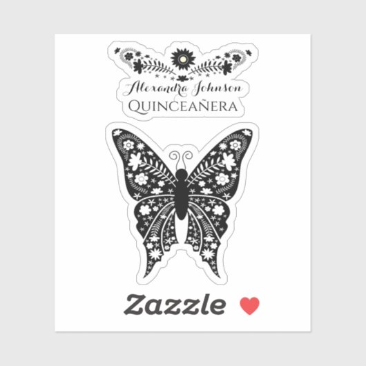 Quinceanera Boho Vlinder Zwart-wit Naam Sticker (Vel)