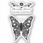 Quinceanera Boho Vlinder Zwart-wit Naam Sticker (Voorkant)