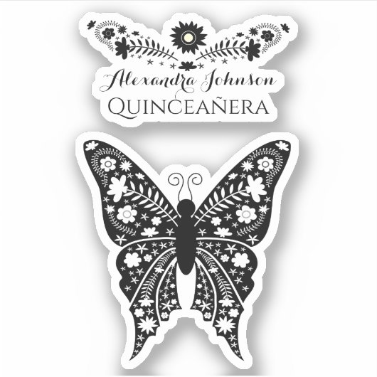 Quinceanera Boho Vlinder Zwart-wit Naam Sticker (Voorkant)