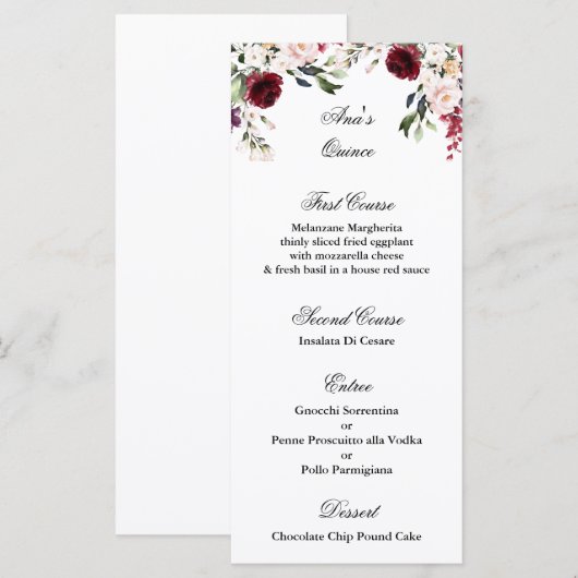 Quinceanera bordeaux menu Sjabloon (Voorkant / Achterkant)