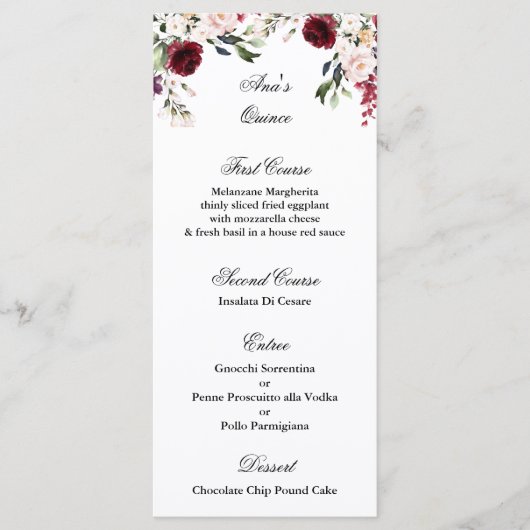 Quinceanera bordeaux menu Sjabloon (Voorkant)