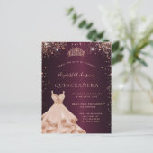 Quinceanera bordeaux roos gouden fonkeljurken uitnodiging briefkaart (Staand voorkant)