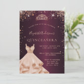 Quinceanera bordeaux roos gouden jurk kaart (Staand voorkant)
