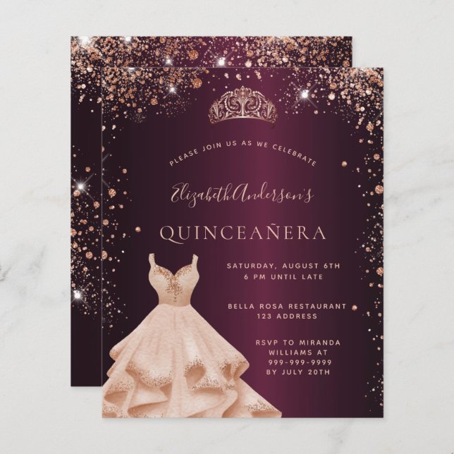 Quinceanera bordeaux roos gouden jurk uitnodiging (Voorkant / Achterkant)