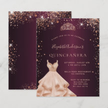 Quinceanera bordeaux roos gouden jurk uitnodiging