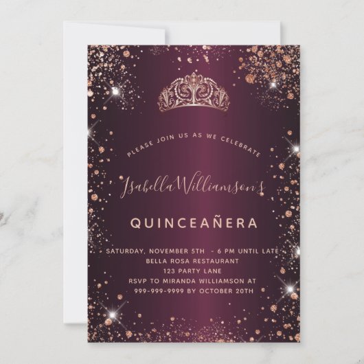 Quinceanera bordeaux roos gouden tiara kaart (Voorkant)